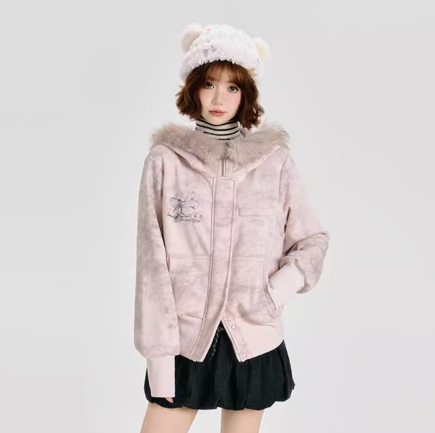 Girlyhalo美式灰粉色毛领外套女春秋新款设计感修身连帽开衫卫衣